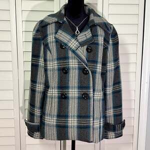 Dressbarn Plaid Double-Breasted Pea Coat Size L